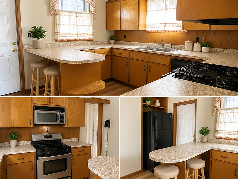 KITCHEN: STOVE, MICROWAVE, DISHWASHER, REFRIGERATOR.