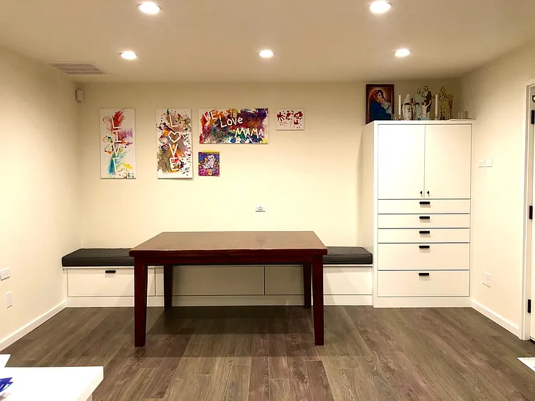 Dinning area with custom bench and custom storage