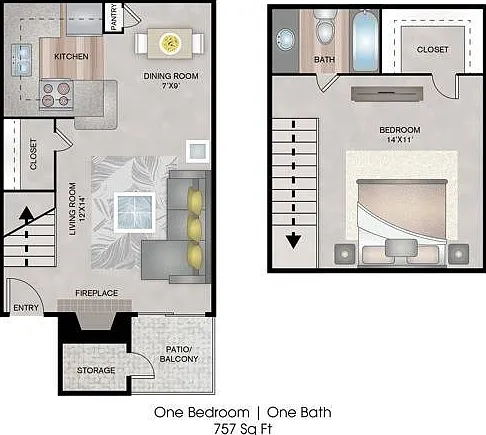 One Bedroom Townhome, 757 sqft, Patio, Fireplace, Walk-in Closet, Additional Storage Closet One Bedroom Townhome, 757 sqft, Patio, Fireplace, Walk-in Closet, Additional Storage Closet