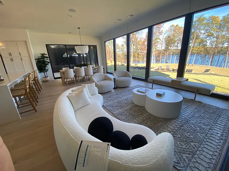 Living room to dining view with full window view of Lake Arrowhead