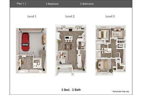 Floor plan 3 Bedroom, 3 Bath Townhouse Plan 1