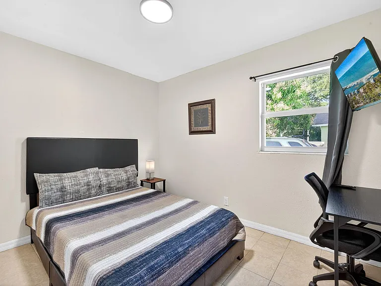 Labeled Room #10 with a Full-Size Bed, Smart TV, Desk & Chair, Closet