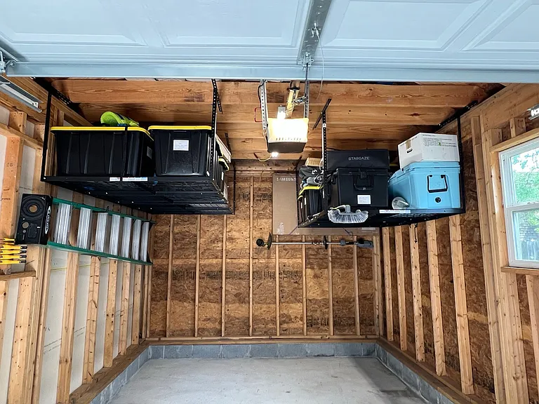 One car garage/storage with overhead organizers