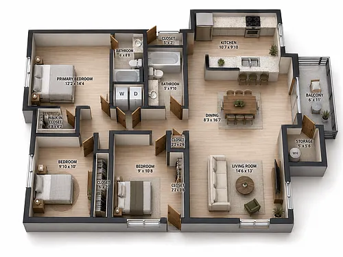 Floor plan 3 Bedroom / 2 Bathroom Apartment Home