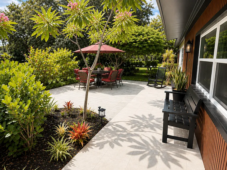 Bright outdoor tropical patio, surrounded by lush tropical landscaping, flowering palms, modern seating, and a shaded dining area_perfect for morning coffee, outdoor meals, or relaxing after a day at Naples beaches.