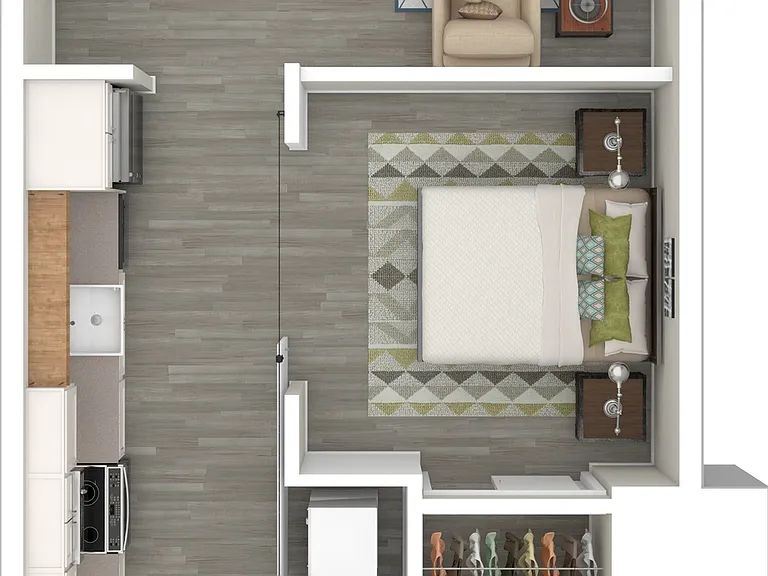 3D Furnished Floor Plan 1x1 E, F 3D Furnished Floor Plan 1x1 E, F