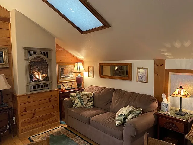 Family Room Area with wall propane fireplace. Fold out full size sofa bed with memory foam mattress.