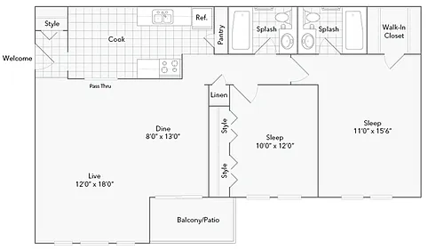 Floor plan Des Plaines South - 2x2