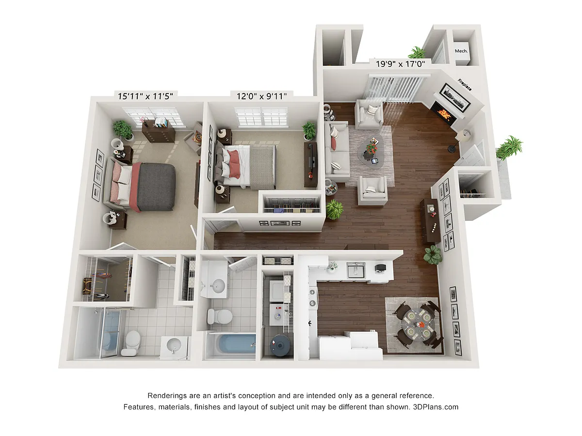 Floor plan Hen One - 2 Bed 2 Bath 1st floor End