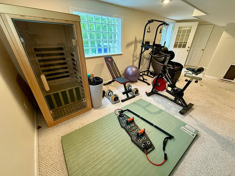 : Home gym included _ adjustable dumbbells (10_55 lb), incline bench, pull-up bar, resistance bands, standing bicycle and tatami-style mat flooring for yoga or stretching. Massage chair and infrared sauna steps away
