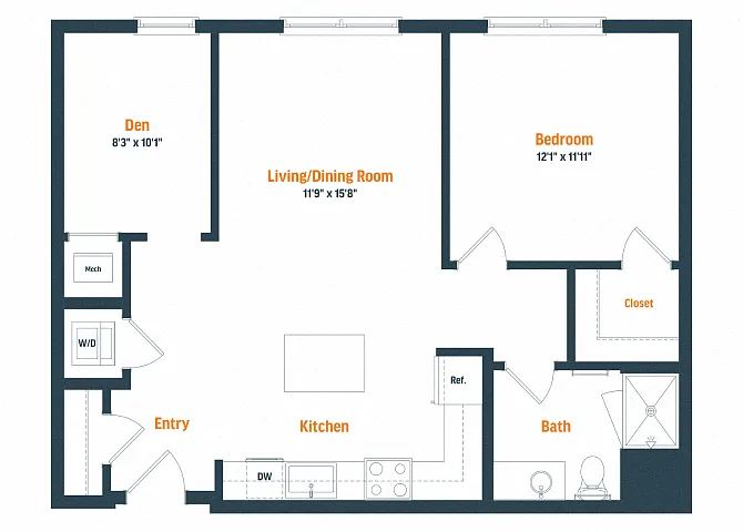 Floor plan A25D | 1 Bed | 1 Bath | Den