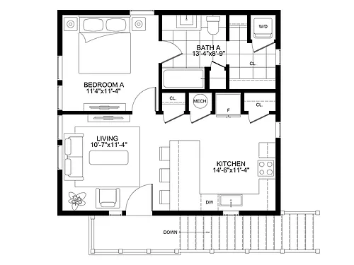 Floor plan 1br Stacked Duplex Upper