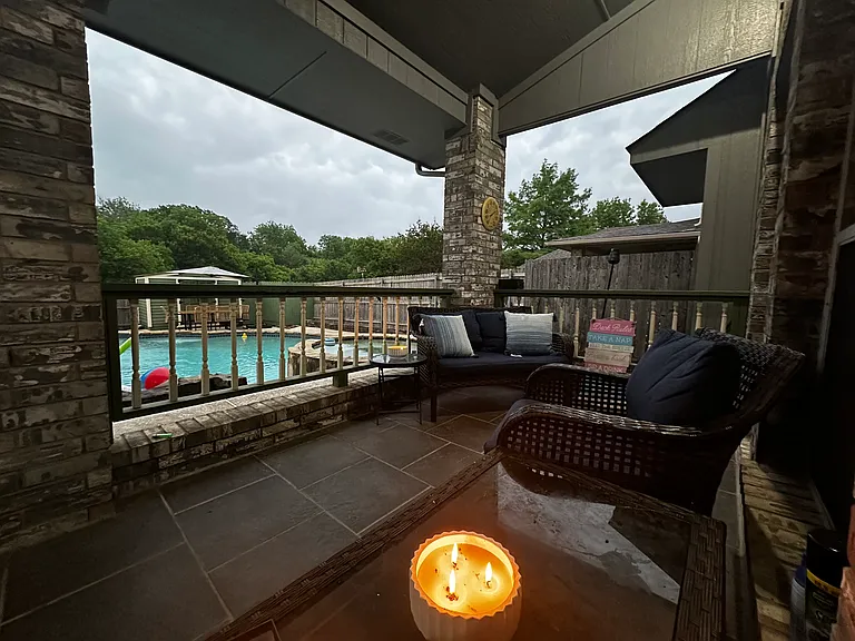 Back yard, covered fenced in back patio- had a door to the left to enter the garage. sheds in back yard perfect for extra storage. Pool maintenance is included, you are only responsible to fill and maintain water level.