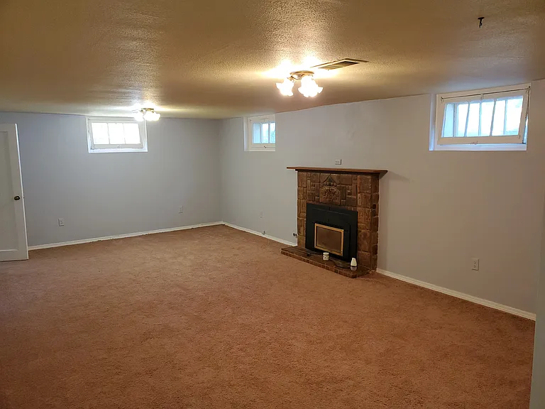 Basement living room/family room has a gas fireplace.