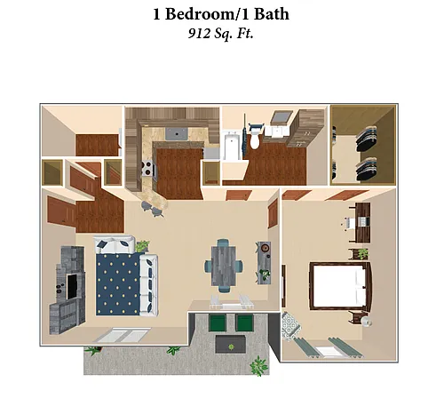 Floor plan 1 Bedroom, 1 Bath - 912SqFt