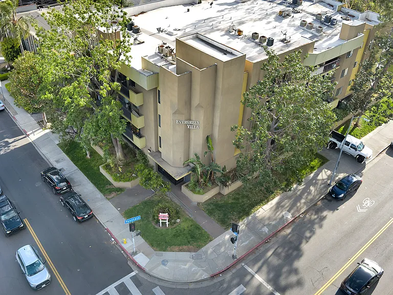 Aerial view of building. Located on the corner of Fountain Ave. & Orange Dr.