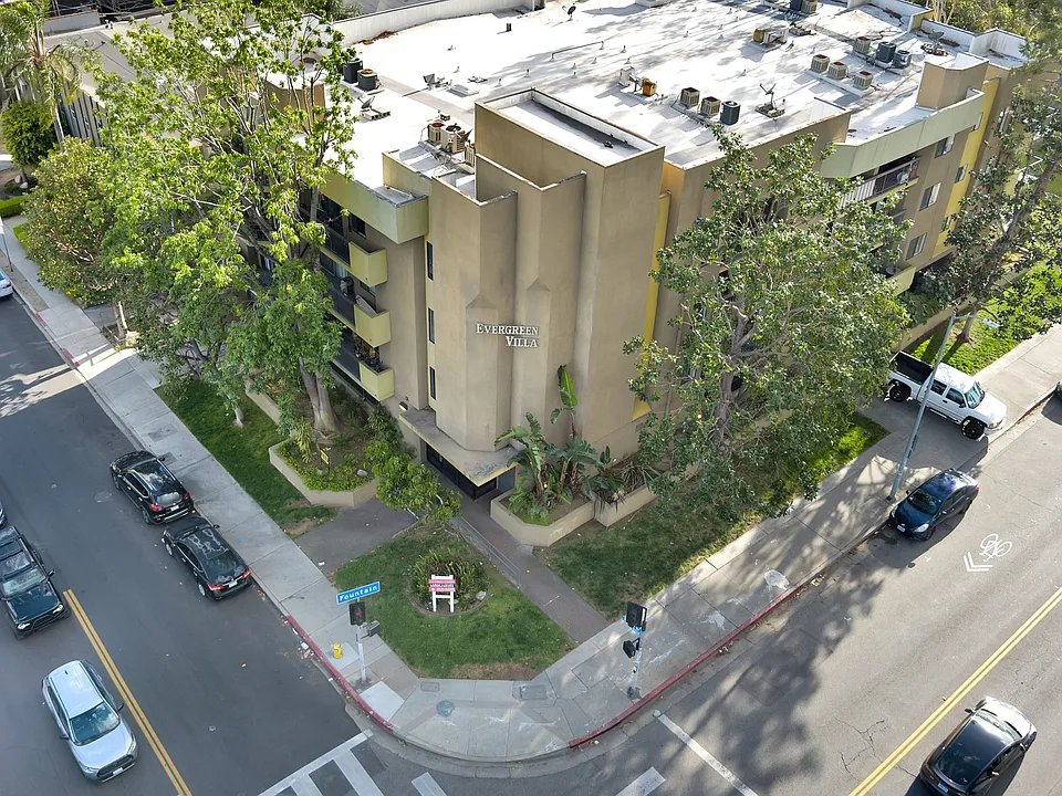 Aerial view of building. Located on the corner of Fountain Ave. & Orange Dr.