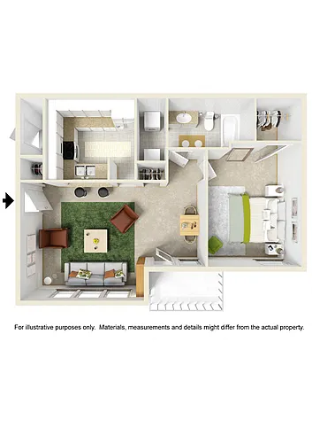 Floor plan 1 Bed 1 Bath with Fireplace