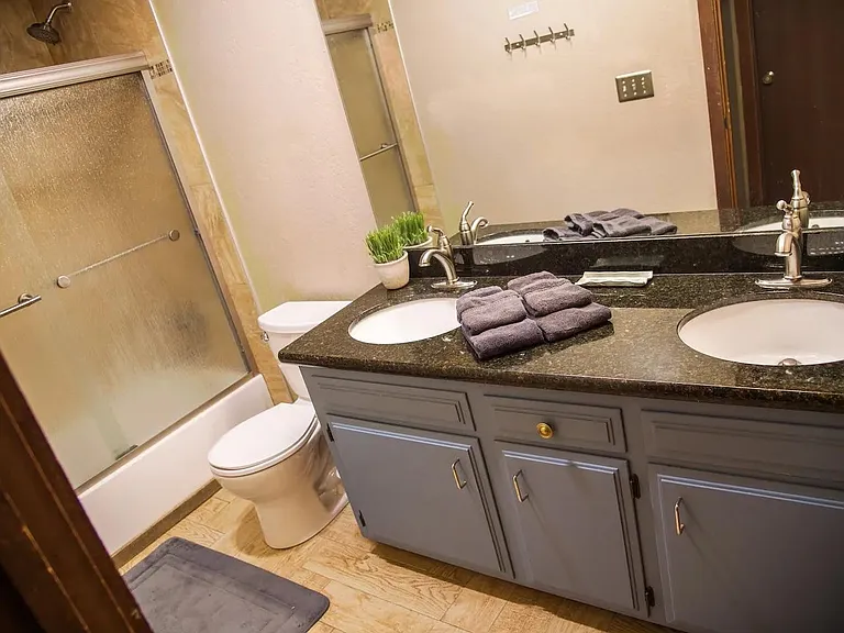 Downstairs bathroom with dual vanity