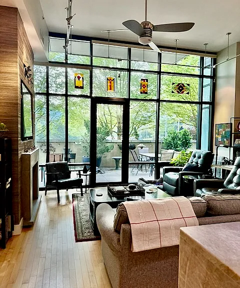 !4-foot ceilings with track lighting. Natural gas fireplace. Extensive patio with conversation area and table for outdoor dining