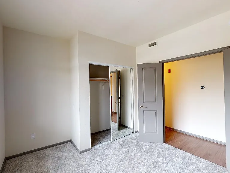 Spacious apartment bedroom with large closet and plush carpet flooring.