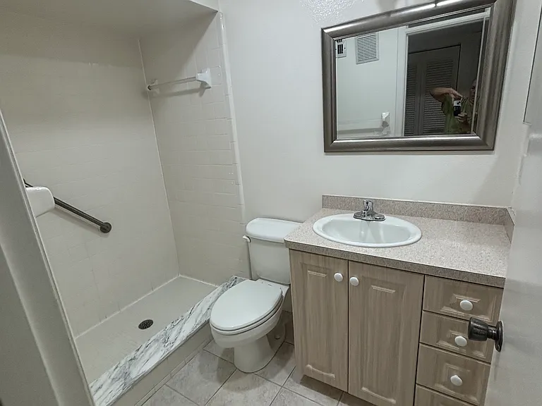Main bath shower with grab bars.