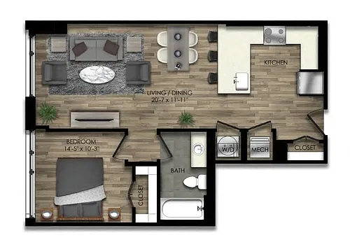 Floor plan 1 Bed/1 Bath-24W