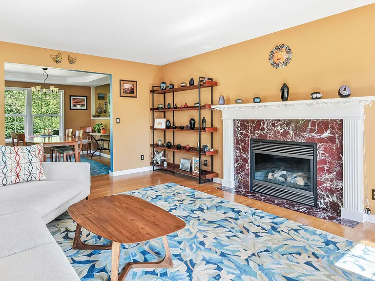 The propane fireplace provides comforting ambiance in the cooler months.