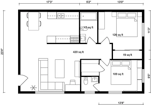 Floor plan 2 Bed 1-5 Bath Apartment