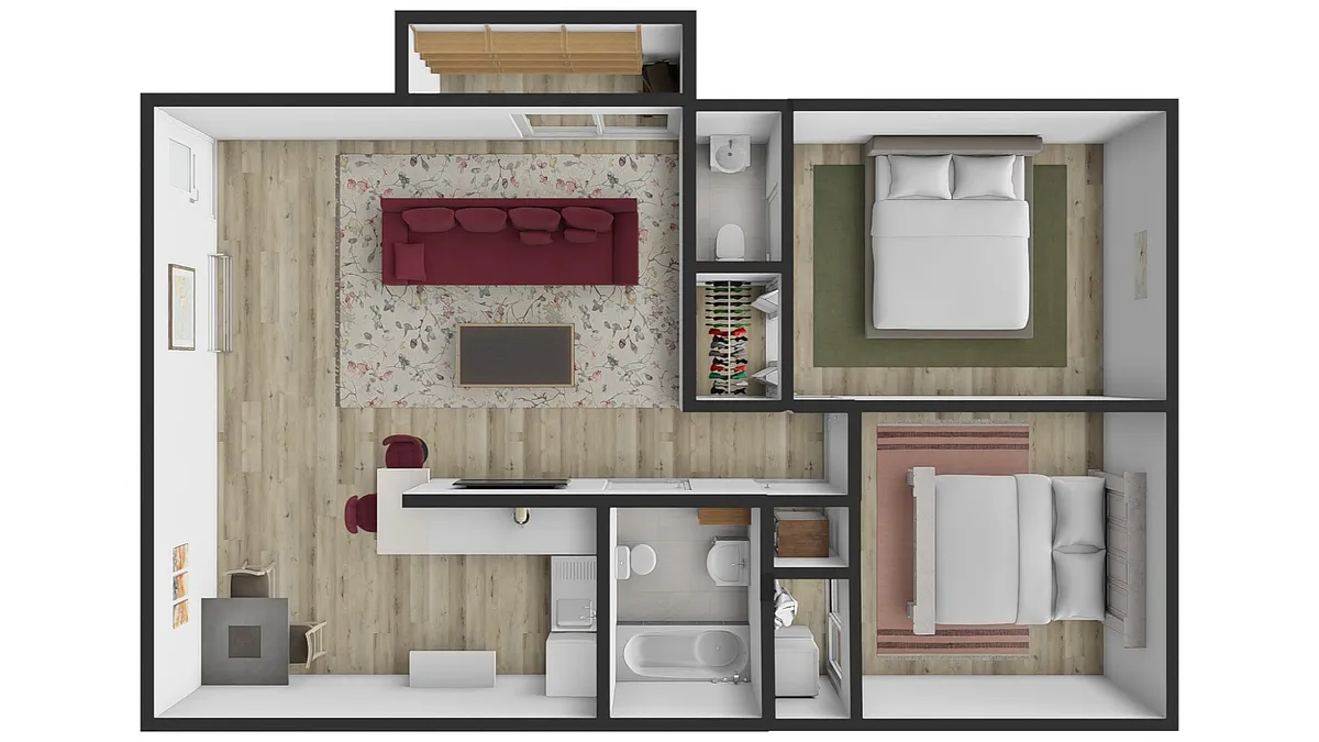 Floor plan Open Kitchen 2BD with Balcony