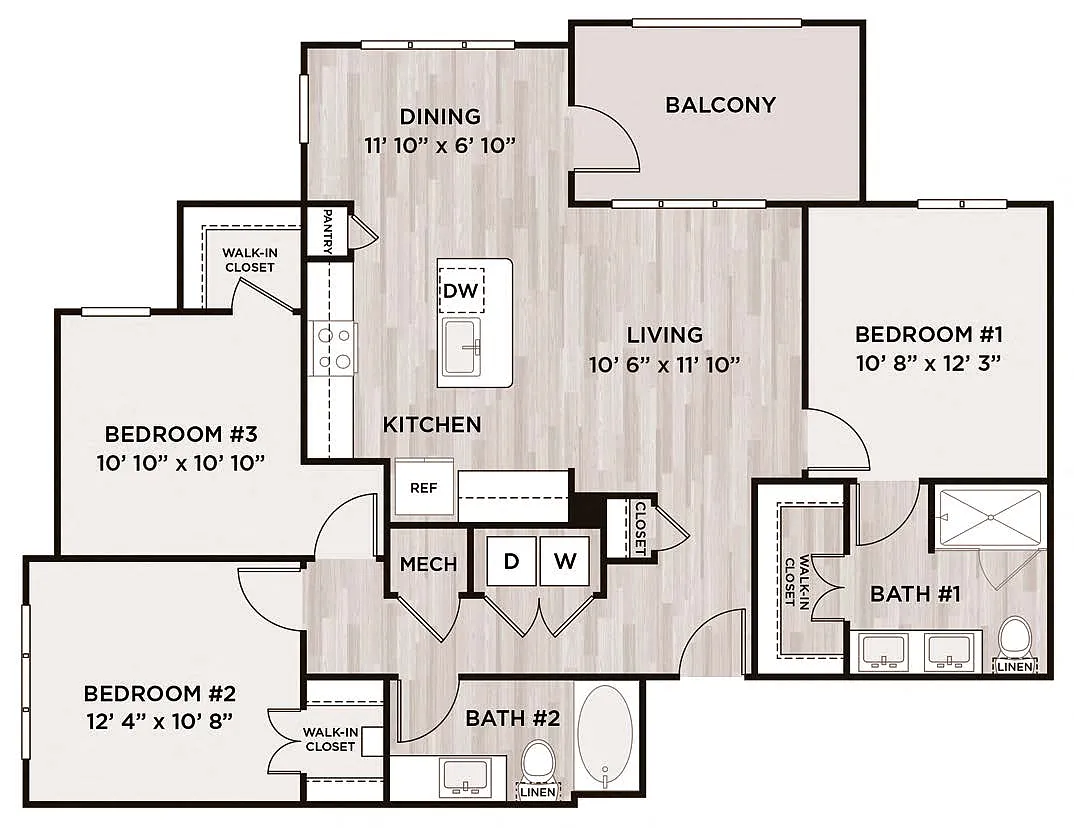 Floor plan 3BR 2BA (C1 - 1266 SF)