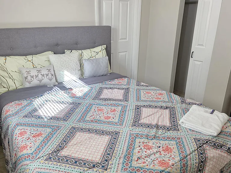 Furnished bedroom with a large bed, upholstered headboard, and a nearby closet for convenient storage.