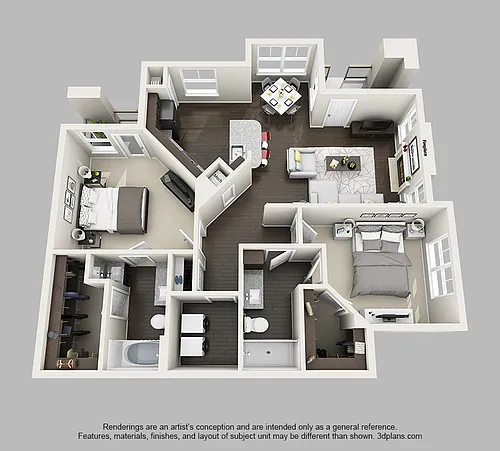 Floor plan 2 Bedroom 2 Bathroom Apartment with 1121 Square Fe
