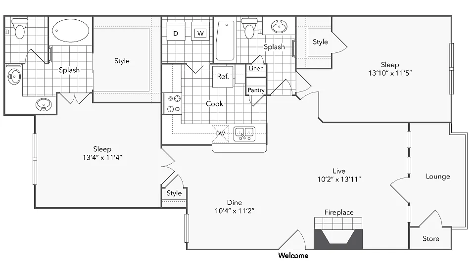 Floor plan 2 Bed 2 Bath Washer Dryer