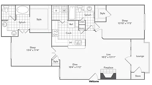 Floor plan 2 Bed 2 Bath Washer Dryer