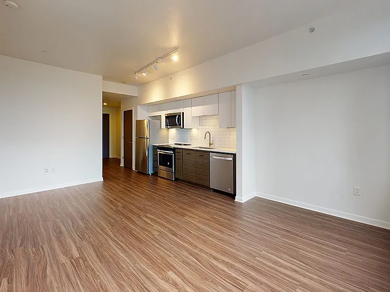 Apartment Kitchen with Stainless Steel Appliances, Dining and Living Room with Wood-Style Flooring.