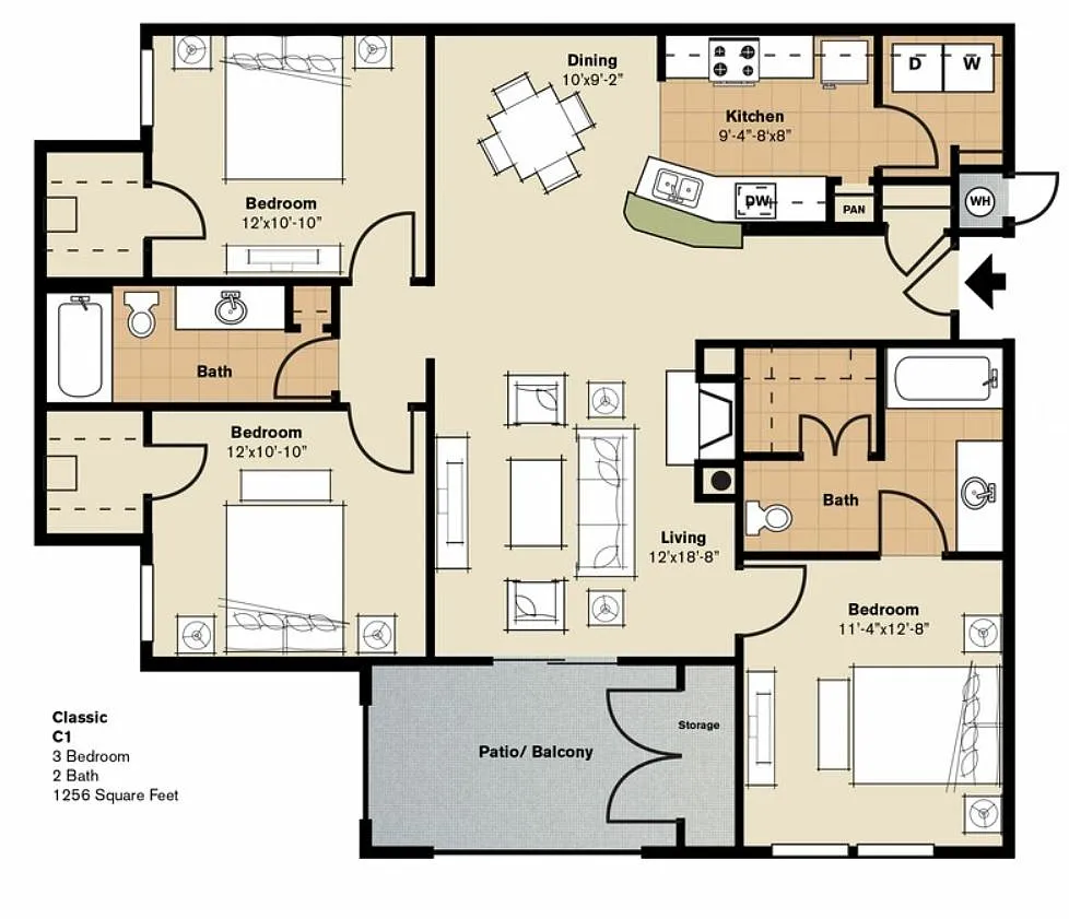 Floor plan Phase I - Three-Bedrooms