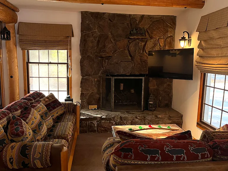 Living room with sleeper couch and TV/fireplace.
