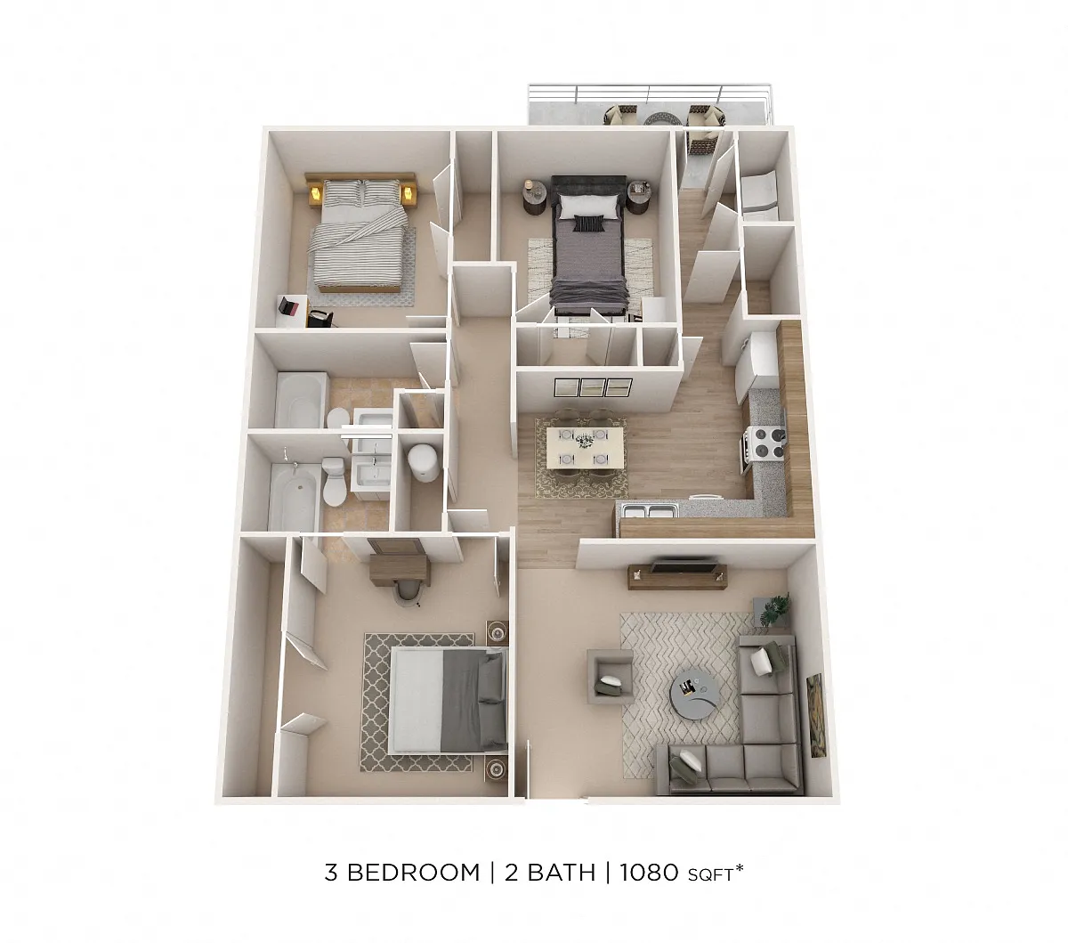 Floor plan Three Bedroom 2 Bath- Ashton Woods 1080 sqft