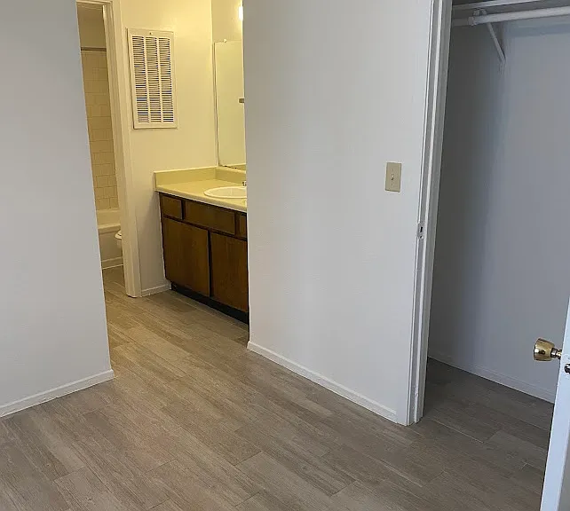 Light Grey Floor of bedroom with open closet and view of going to restroom sink