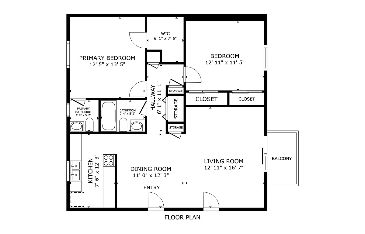 Floor plan Remodeled 2bed 2bath Apartment- Galley Kitchen