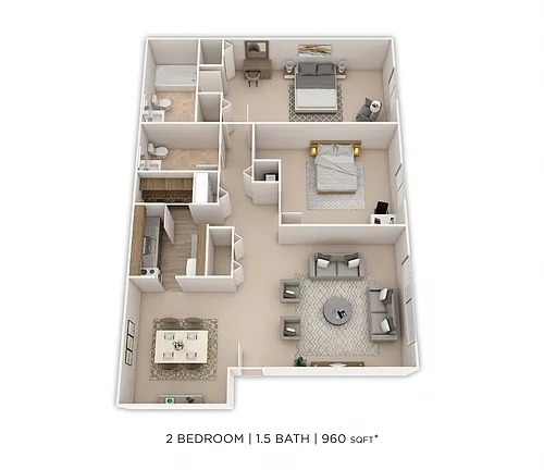 Floor plan Two Bedroom 1.5 Bath - 960 sqft