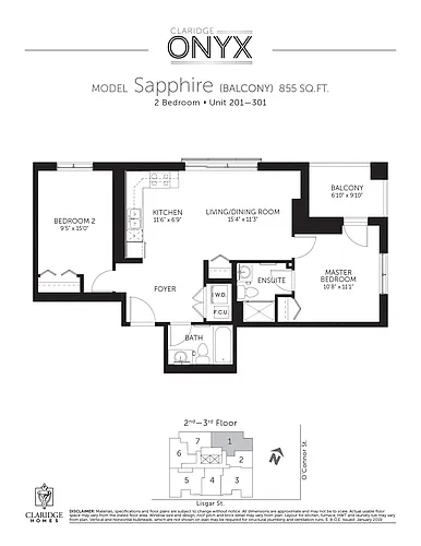 Floor plan Sapphire w/ Balcony; 2 beds, 2 baths