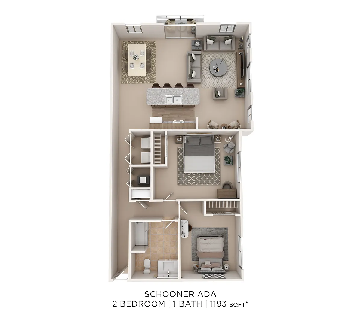 Floor plan Two Bedroom 1 Bath- 1193 sqft