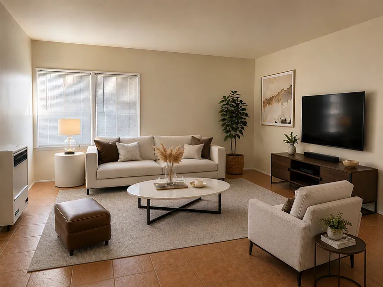Ai generated virtual staging of the living room. The unit is unfurnished.