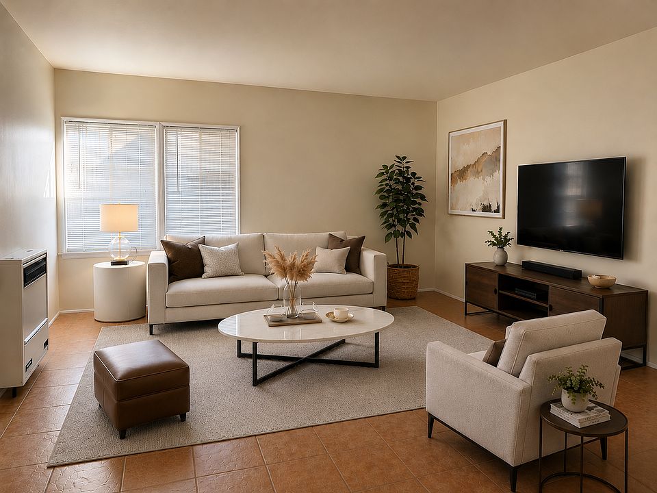 Ai generated virtual staging of the living room. The unit is unfurnished.