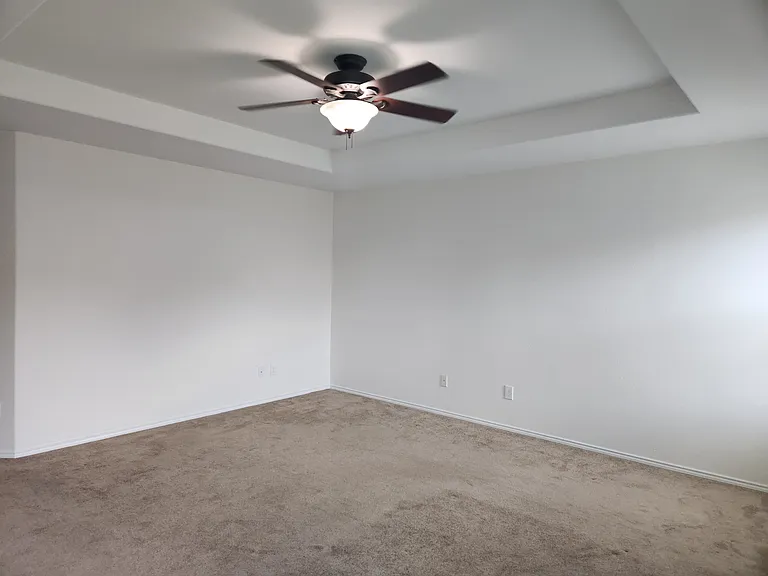Primary bedroom has tray ceiling, carpet, and ceiling fan