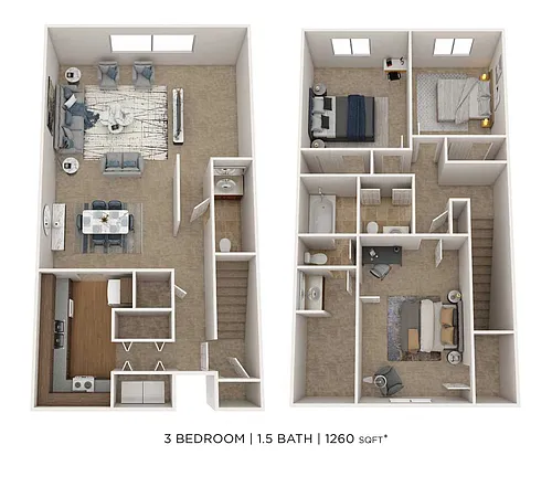 Floor plan Three Bedroom 1.5 Bath Townhome