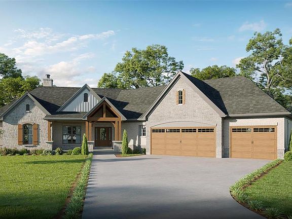 Elevation B with wood beams, stone facade and garage doors are optional upgrade.