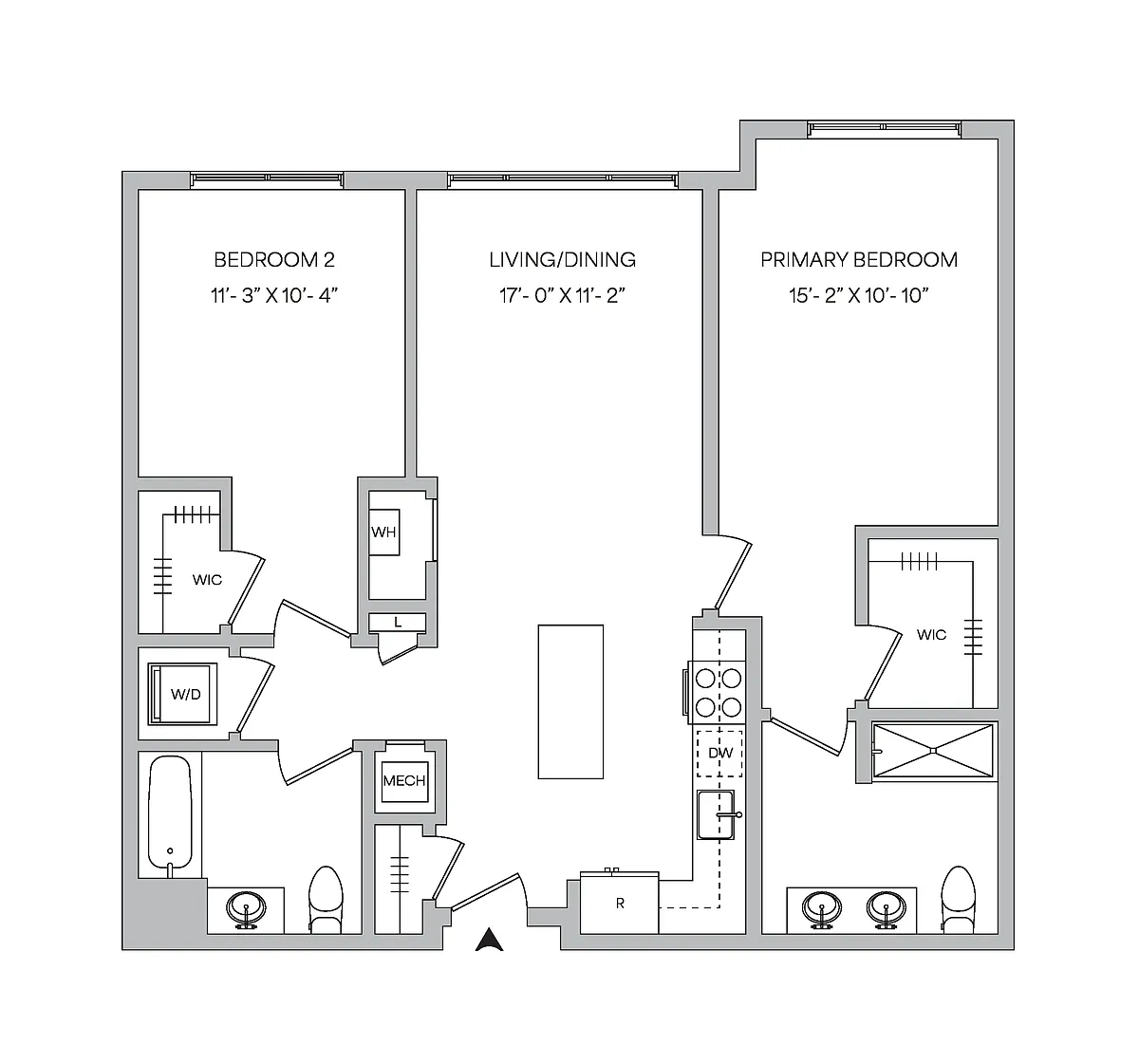 Floor plan B08 - 2BR 2BA (1077 SF)